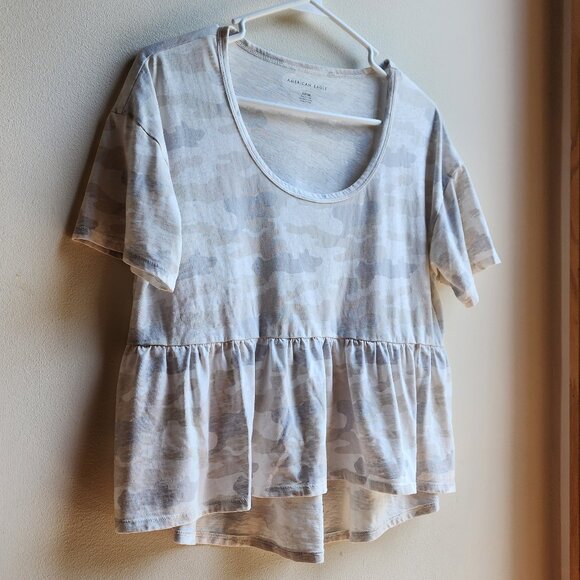 American Eagle Outfitters Gray Camo Scoop Neck Ruffled Jersey Size Small - Picture 3 of 12
